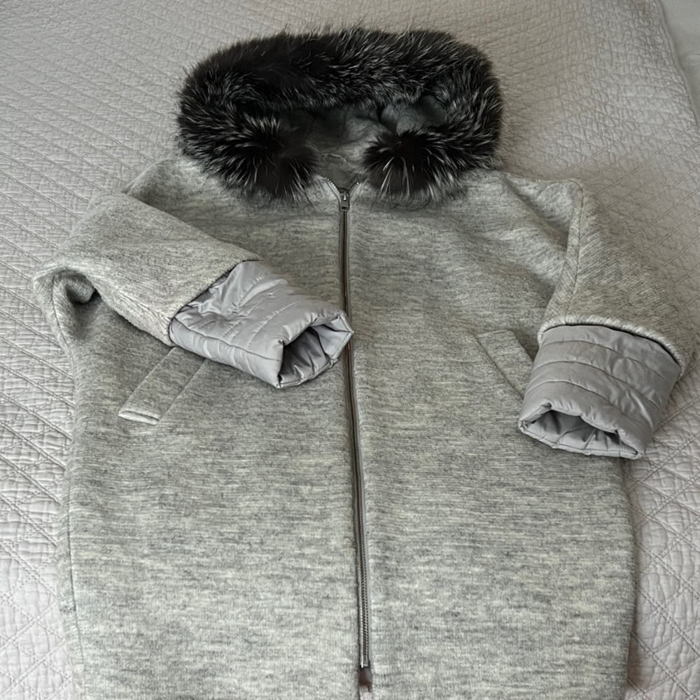 Soia & Kyo Light Gray Coat with Fur Hood